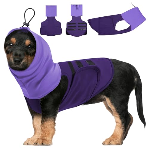 SAWMONG Hunde-Angstweste, atmungsaktiv, beruhigendes Hemd, verstellbare Brust und Kapuze, Donnerjacke, Haustier-Stressabbau, beruhigender Mantel, umhüllt Ohren gegen Lärm, Feuerwerk und Trennung (Lila von SAWMONG