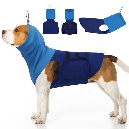 SAWMONG Hunde-Angstweste, atmungsaktiv, beruhigendes Hemd, verstellbare Brust und Kapuze, Donnerjacke, Haustier-Stressabbau, beruhigender Mantel, umhüllt Ohren gegen Lärm, Feuerwerk und Trennung (Blau von SAWMONG