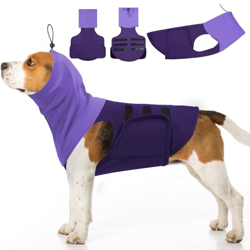 SAWMONG Hunde-Angstweste, atmungsaktiv, beruhigendes Hemd, verstellbare Brust und Kapuze, Donnerjacke, Haustier-Stressabbau, beruhigender Mantel, umhüllt Ohren gegen Lärm, Feuerwerk und Trennung (Lila von SAWMONG