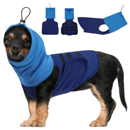 SAWMONG Hunde-Angstweste, atmungsaktiv, beruhigendes Hemd, verstellbare Brust und Kapuze, Donnerjacke, Haustier-Stressabbau, beruhigender Mantel, umhüllt Ohren gegen Lärm, Feuerwerk und Trennung (Blau von SAWMONG