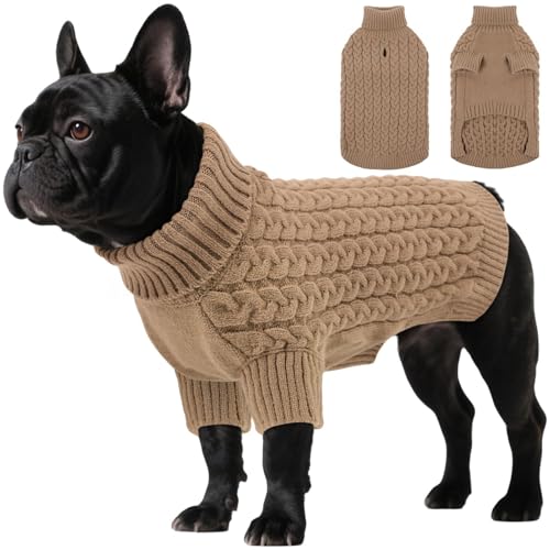 SAWMONG Hundepullover, Hundepullover für kleine Hunde, Mädchen und Jungen, Rollkragenpullover, gestricktes Hunde-Sweatshirt, Haustierkleidung für kaltes Wetter (Khaki, Größe XS von SAWMONG