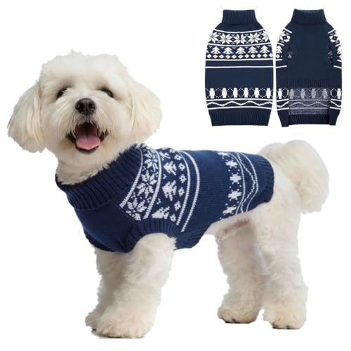 SAWMONG Weihnachtspullover für Hunde, Zopfmuster, Schneeflockenmuster, dick, warm, Winterpullover für kleine, mittelgroße und große Hunde (Blau, XL) von SAWMONG