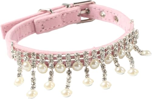 Hundehalsband， Niedliches, schillerndes Hundehalsband mit Strasssteinen, ausgefallene Perlenhalsbänder funkelndem Kristallanhänger for kleine, mittelgroße Hunde, Katzen und Kaninchen(Pink) von SBJKLYRN