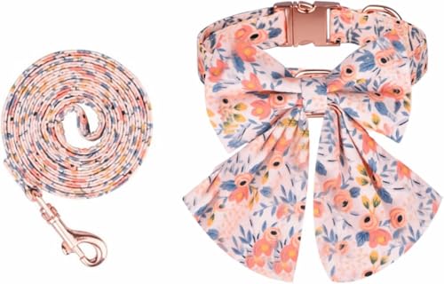 SBJKLYRN Hundehalsband， Personalisiertes Hundehalsband und Leine Set mit Schleife Blumendruck Frühling Fliege Haustierhalsbänder(Orange,S) von SBJKLYRN