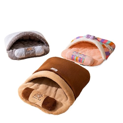 Katzenbett für den Winter, abnehmbar, warm, halbgeschlossen, Haustierschlafsack, Hundebett, Katzennest, Kissen mit Kissen (Farbe: Braunbär, Größe: L (65 x 45 cm) von SBTRKT