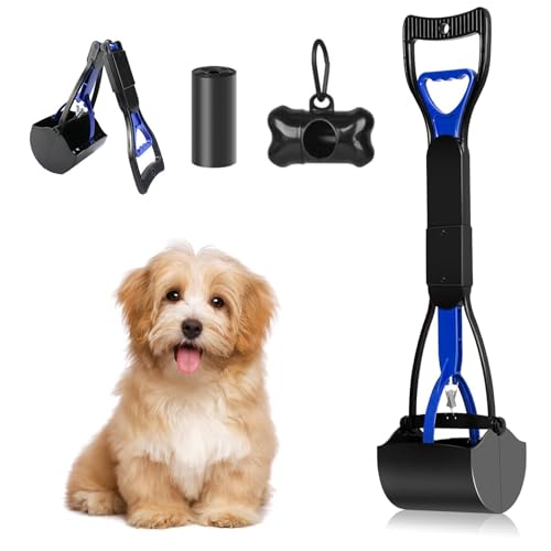 SCDZY Hundekotschaufel, 60 cm, faltbar, tragbar, langer Griff, mit Kotbeutelspender und Kotbeuteln, Haustierkot-Abfallsammler, Rechen für Hunde und Katzen, Blau von SCDZY