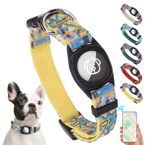 SCENEREAL Upgraded AirTag Hundehalsband für kleine mittelgroße Hunde, einzigartiger Stil, Hundehalsband mit extra strapazierfähigem Airtag-Halter, verstellbar, Anti-Verlust-weich, bequem, Gelb, XS von SCENEREAL