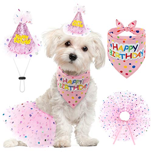 SCENEREAL Hund Geburtstag Bandana mit Hut und Kleid Mädchen Set, Welpe Geburtstag Party Supplies Cute Pink Tutu Rock Outfit für Kleine Mittlere Hunde von SCENEREAL