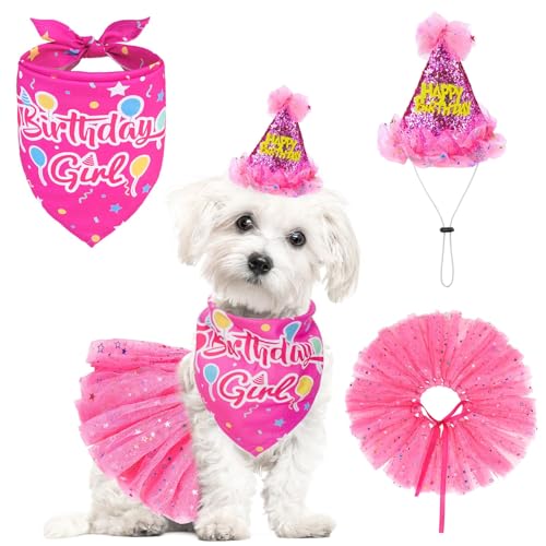 SCENEREAL Hunde-Geburtstags-Bandana mit Hut und Kleid, Mädchen-Set, Welpengeburtstagsparty-Zubehör, niedliches rosa Tutu-Rock-Outfit für kleine, mittelgroße und große Hunde von SCENEREAL