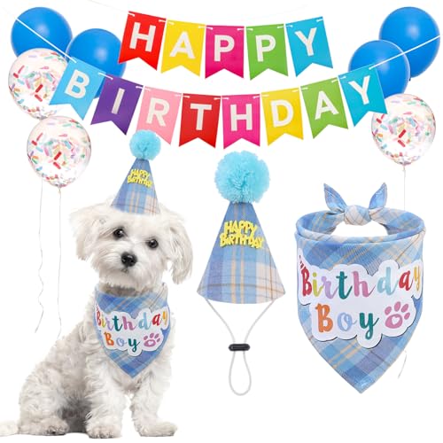 SCENEREAL Hunde-Geburtstags-Halstuch-Hut-Set, Welpengeburtstagsparty-Zubehör für Jungen und Hunde, Haustier-Geburtstags-Schal, Outfit mit Schild, Banner und Luftballons für kleine, mittelgroße und von SCENEREAL