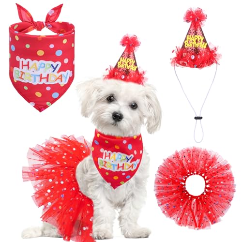 SCENEREAL Hunde-Geburtstags-Halstuch mit Hut und Kleid, Mädchen-Set, Welpengeburtstagsparty-Zubehör, niedliches Tutu-Rock, rotes Outfit für kleine, mittelgroße und große Hunde SCENEREAL Hunde-Geburtstags-Halstuch mit Hut und Kleid, Mädchen-Set, Welpengeburtstagsparty-Zubehör, niedliches Tutu-Rock, rotes Outfit für kleine, mittelgroße und große Hunde von SCENEREAL
