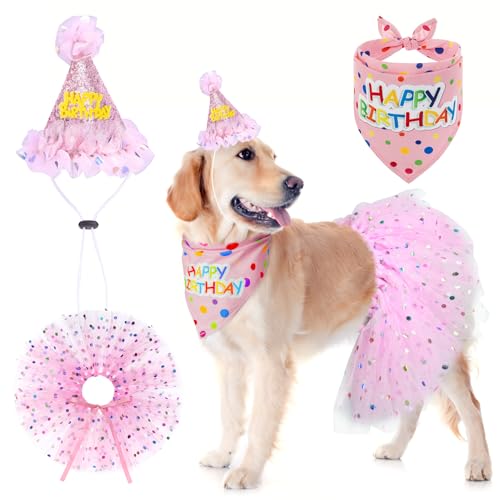 SCENEREAL Hunde-Geburtstags-Halstuch mit Hut und Kleid, Mädchen-Set, für große Hunde, Geburtstagsparty-Zubehör, niedliches rosa Tutu-Rock für mittelgroße und große Hunde von SCENEREAL