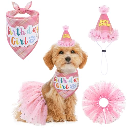 SCENEREAL Hunde-Geburtstagstuch, Bandana-Hut mit Kleid, Partyzubehör, kariert, Welpen-Geburtstags-Outfit, niedlicher Hunde-Tutus für kleine, mittelgroße Hunde, rosa kariert SCENEREAL Hunde-Geburtstagstuch, Bandana-Hut mit Kleid, Partyzubehör, kariert, Welpen-Geburtstags-Outfit, niedlicher Hunde-Tutus für kleine, mittelgroße Hunde, rosa kariert von SCENEREAL