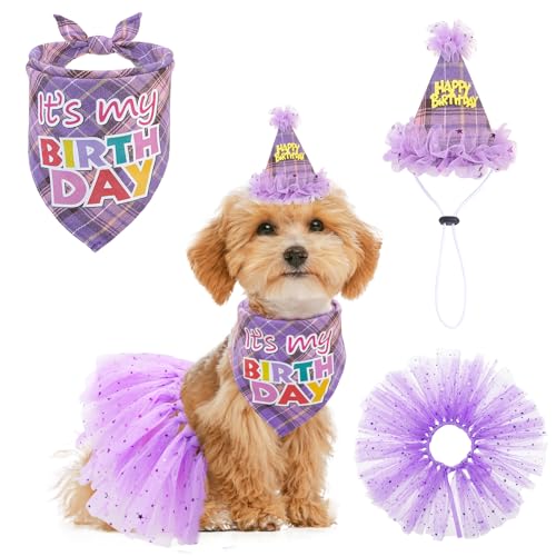 SCENEREAL Hunde-Geburtstags-Halstuch-Hut mit Kleid, Partyzubehör, kariert, Welpen-Geburtstags-Outfit, niedlicher Hunde-Tutus für kleine und mittelgroße Hunde, lila kariert SCENEREAL Hunde-Geburtstags-Halstuch-Hut mit Kleid, Partyzubehör, kariert, Welpen-Geburtstags-Outfit, niedlicher Hunde-Tutus für kleine und mittelgroße Hunde, lila kariert von SCENEREAL