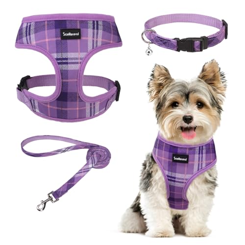 SCENEREAL Hundegeschirr, Halsband und Leine, Set für kleine und mittelgroße Hunde, weiches Netzgewebe, kein Chock, kariert, verstellbare Haustierweste für Spaziergänge im Freien, Training und Laufen, SCENEREAL Hundegeschirr, Halsband und Leine, Set für kleine und mittelgroße Hunde, weiches Netzgewebe, kein Chock, kariert, verstellbare Haustierweste für Spaziergänge im Freien, Training und Laufen, von SCENEREAL