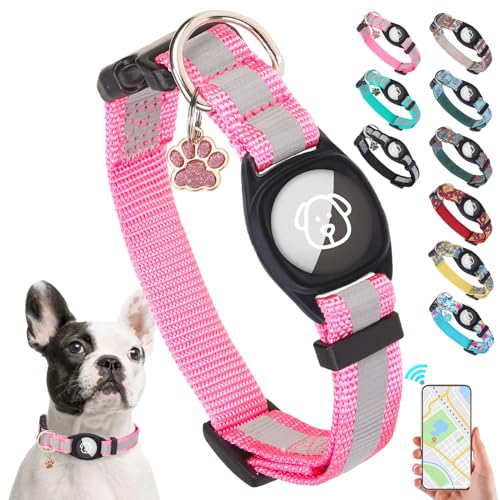 SCENEREAL Hundehalsband mit Airtag-Halterung für kleine bis große Hunde, reflektierend, Sicherheitsverriegelungsschnalle, weiches Nylon, Haustierhalsbänder, verstellbar für alle Rassen, Rosa S von SCENEREAL