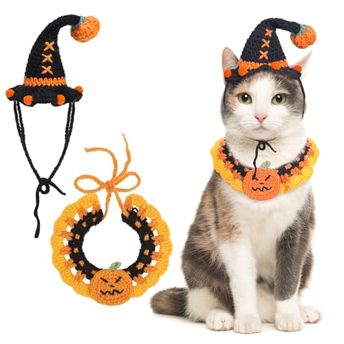SCENEREAL Katzen-Halloween-Kostüm, handgefertigter gestrickter Kürbis-Schal, Hexenhut für Katzen, Kaninchen, kleine Hunde, niedliches Häkel-Kätzchen-Welpenhalsband, Haustierbekleidung, auch für Puppen SCENEREAL Katzen-Halloween-Kostüm, handgefertigter gestrickter Kürbis-Schal, Hexenhut für Katzen, Kaninchen, kleine Hunde, niedliches Häkel-Kätzchen-Welpenhalsband, Haustierbekleidung, auch für Puppen von SCENEREAL
