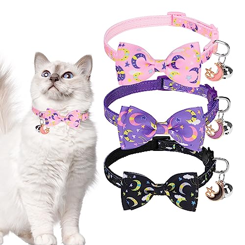 SCENEREAL Katzenhalsband, Sicherheits-Kätzchenhalsband mit Glocken, Mond, Sterne, Fliege, Haustierzubehör für Mädchen, Jungen, männlich, Outdoor und Hauskatzen, Kätzchen, verstellbar, 17,8 - 30,5 cm, von SCENEREAL