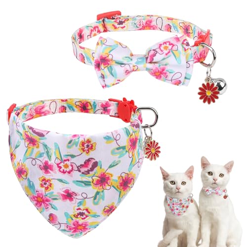 SCENEREAL Katzenhalstücher mit Blumenmuster, 2 Stück, mit Glöckchen-Fliege, Zubehör für Haustiergeburtstag, verstellbare niedliche Katzenhalsbänder für Katzen und kleine Hunde, Jungen, Mädchen, Weiß SCENEREAL Katzenhalstücher mit Blumenmuster, 2 Stück, mit Glöckchen-Fliege, Zubehör für Haustiergeburtstag, verstellbare niedliche Katzenhalsbänder für Katzen und kleine Hunde, Jungen, Mädchen, Weiß von SCENEREAL