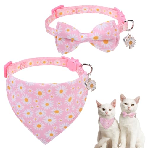 SCENEREAL Katzenhalsband mit Glöckchen, 2 Stück, mit abnehmbarer Fliege, Halstuch, verstellbar, niedliches Kätzchen-Halsband für kleine Hunde, Jungen, Mädchen, rosa Gänseblümchen SCENEREAL Katzenhalsband mit Glöckchen, 2 Stück, mit abnehmbarer Fliege, Halstuch, verstellbar, niedliches Kätzchen-Halsband für kleine Hunde, Jungen, Mädchen, rosa Gänseblümchen von SCENEREAL