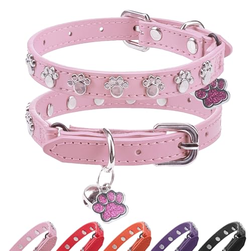 SCENEREAL Katzenhalsband mit Glöckchen, Leder-Katzenhalsband mit Pfoten-Nieten, verstellbares Haustierhalsband für Jungen, Mädchen, Katzen, weiches, niedliches Katzenhalsband für Kätzchen, Welpen von SCENEREAL