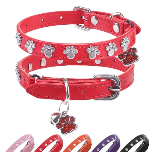 SCENEREAL Katzenhalsband mit Glöckchen, Leder-Katzenhalsband mit Pfoten-Nieten, verstellbares Haustierhalsband für Jungen, Mädchen, Katzen, weiches, niedliches Katzenhalsband für Kätzchen, Welpen von SCENEREAL