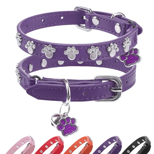 SCENEREAL Katzenhalsband mit Glöckchen, Leder-Katzenhalsband mit Pfoten-Nieten, verstellbares Haustierhalsband für Jungen, Mädchen, Katzen, weiches, niedliches Katzenhalsband für Kätzchen, Welpen von SCENEREAL