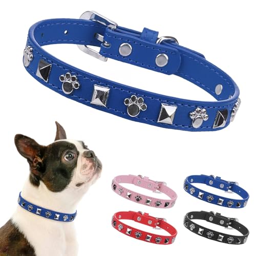 SCENEREAL Nieten-Hundehalsband aus Leder, Blau, Größe S von SCENEREAL