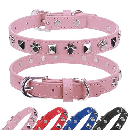 SCENEREAL Nieten-Hundehalsband aus Leder, Rosa, Größe XS von SCENEREAL