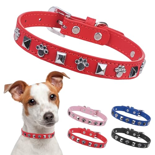 SCENEREAL Nieten-Hundehalsband aus Leder, Rot, Größe XS von SCENEREAL