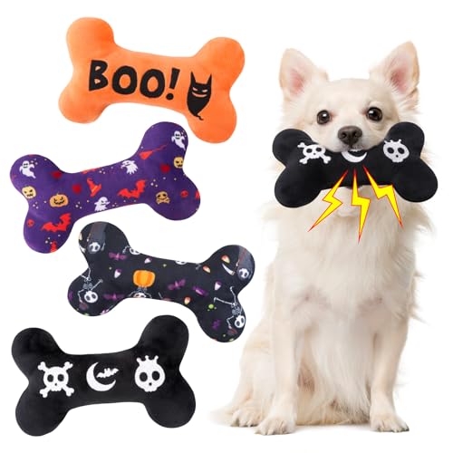 SCENEREAL Quietschspielzeug für Hunde, Halloween-Knochenspielzeug, 4 Stück, langlebiges Plüsch-Kauspielzeug mit Quietschern, interaktives Spiel, geeignet für kleine, mittelgroße Hunde von SCENEREAL