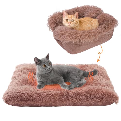 SCENEREAL Selbstwärmendes Katzenbett, beheizte Katzenbettmatte für Katzen, kleine Hunde, 2-in-1, weicher Plüsch, waschbare Haustierunterlage für drinnen und draußen, Kätzchen, Welpen, Braun, 61 x 50,8 von SCENEREAL