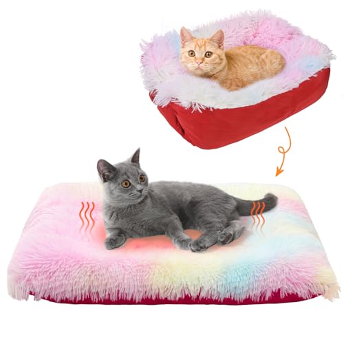 SCENEREAL Selbstwärmendes Katzenbett, beheizte Katzenbettmatte für Katzen, kleine Hunde, 2-in-1, weicher Plüsch, waschbare Haustierunterlage für drinnen und draußen, Kätzchen, Welpen, bunt, 71,1 x 61 von SCENEREAL