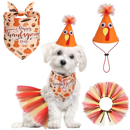 SCENEREAL Thanksgiving-Hunde-Bandana-Kleid mit Hut, Haustier-Kostüm für kleine, mittelgroße Hunde, niedliches Tutu-Rock-Outfit für Party, Halloween von SCENEREAL