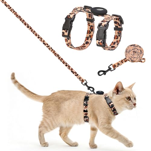 SCENEREAL Verstellbares Katzengeschirr und Leine, Set mit AirTag-Halter, ausbruchsicheres Design für kleine bis große Katzen, leichtes weiches Reisegeschirr, Khaki Leopard von SCENEREAL