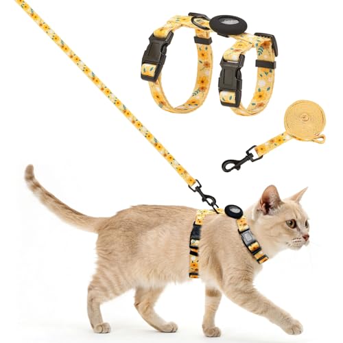 SCENEREAL Verstellbares Katzengeschirr und Leine, Set mit AirTag-Halter, ausbruchsicheres Design für kleine bis große Katzen, leichtes weiches Reisegeschirr, gelbes Blumenmuster von SCENEREAL