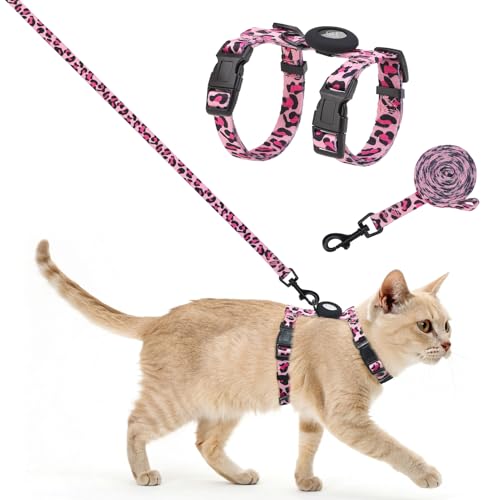 SCENEREAL Verstellbares Katzengeschirr und Leine, Set mit AirTag-Halter, ausbruchsicheres Design für kleine bis große Katzen, leichtes weiches Reisegeschirr, rosa Leopard von SCENEREAL