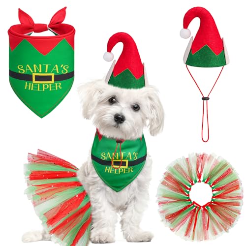 SCENEREAL Weihnachtliches Hunde-Bandana-Kleid mit Mütze, Haustier-Weihnachtsmann-Kostüm für kleine, mittelgroße Hunde, niedliches Tutu-Rock-Outfit für Party, Halloween von SCENEREAL