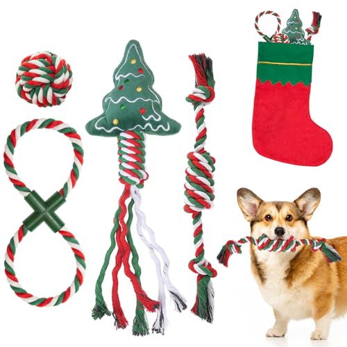 SCENEREAL Weihnachtliches Hundespielzeug aus Seil, 4 Stück, Kauspielzeug mit Strumpf zur Zahnreinigung, quietschendes Plüsch-Welpenspielzeug, interaktives Hundestrumpffüller, Weihnachtsgeschenke für SCENEREAL Weihnachtliches Hundespielzeug aus Seil, 4 Stück, Kauspielzeug mit Strumpf zur Zahnreinigung, quietschendes Plüsch-Welpenspielzeug, interaktives Hundestrumpffüller, Weihnachtsgeschenke für von SCENEREAL