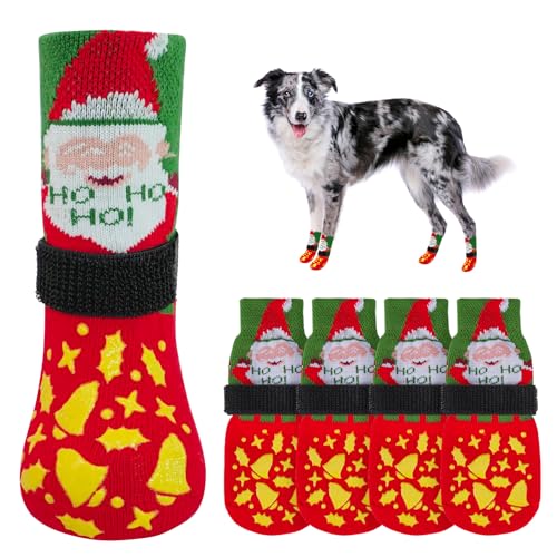SCENEREAL Weihnachts-Hundesocken gegen Lecken von Pfoten für heiße/kalte Gehwege, rutschfest, Hundeschuhe für Hartholzböden, Hundestiefel und Pfotenschutz mit Greifern für kleine, mittelgroße und von SCENEREAL