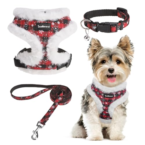 SCENEREAL Weihnachtsgeschirr, Halsband und Leine, warmes Fleece, kein Ziehen, Welpengeschirr, verstellbares Halfter für kleine Haustiere, für Spaziergänge im Freien, Schwarz/Rot, kariert, Größe XS von SCENEREAL