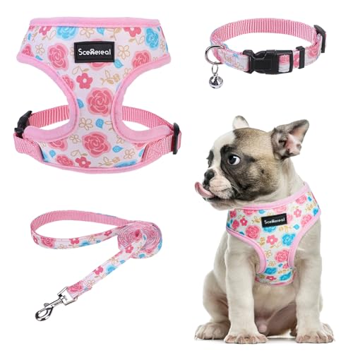 SCENEREAL Welpengeschirr mit Leine, Set für kleine und mittelgroße Hunde, rosa Blumenmuster, Größe M SCENEREAL Welpengeschirr mit Leine, Set für kleine und mittelgroße Hunde, rosa Blumenmuster, Größe M von SCENEREAL