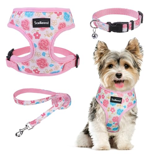SCENEREAL Welpengeschirr mit Leine, Set für kleine und mittelgroße Hunde, rosa Blumenmuster, Größe XS SCENEREAL Welpengeschirr mit Leine, Set für kleine und mittelgroße Hunde, rosa Blumenmuster, Größe XS von SCENEREAL