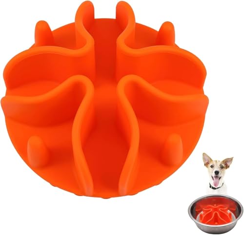 Einteiliger Silikon-Fressnapf für langsames Fressen, starke Saugnäpfe, Silikon, spiralförmiger Hundenapfeinsatz für die meisten Hundenäpfe (Orange, 120 x 120 x 45 mm) von SCHUIWINNER