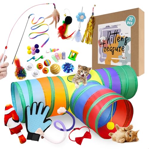 SCL (32 pcs) Cat Toys Kitten Toys Assorted, Cat Tunnel Teaser Wand Catnip Fish Column Bell Fur Mice Fuzzy Balls Spring Toy for Cat and Puppy Kitty von SCL