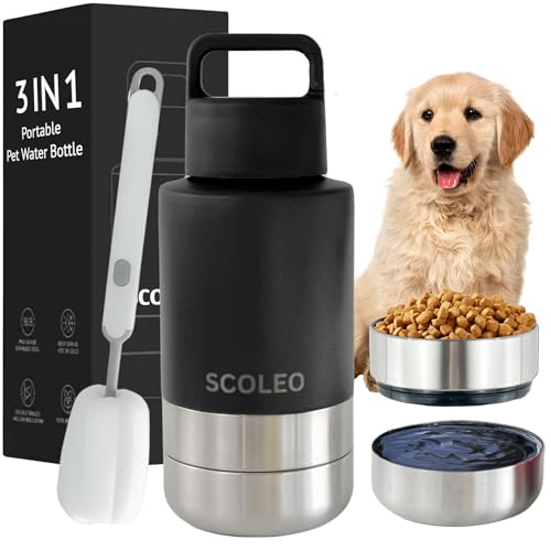 Scoleo 3 in 1 Wasserflasche für Hunde – 907.2 g isolierte Wasserflasche mit abnehmbaren Näpfen, auslaufsichere und Edelstahlflasche, reisefreundlich – tragbarer Wassernapf für Hunde (Schwarz, 32) von SCOLEO
