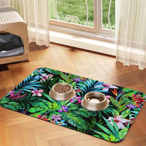 Bunte Futtermatte mit tropischem Blattdruck für Hunde, Katzen, Haustiere, saugfähige Leder-Tischdecke, 60 x 40 cm, Katze und Hund von SDEGTHO