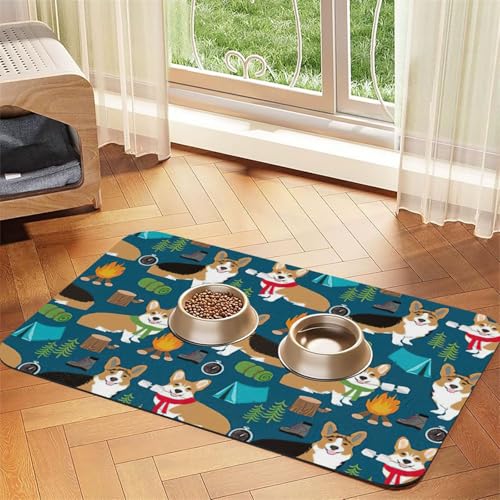 Corgi bedruckte Futtermatte für Hunde und Katzen, saugfähige Leder-Tischdecke, 60 x 40 cm, Katze und Hund von SDEGTHO