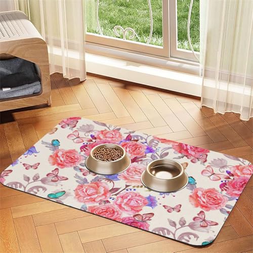 Futtermatte für Hunde, Katzen, Haustiere, saugfähig, Leder, 60 x 40 cm, Motiv: Blumen und Rosen von SDEGTHO