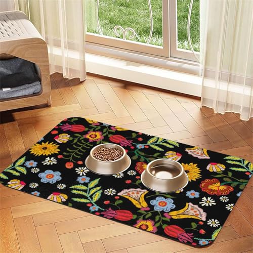 Futtermatte für Hunde, Katzen, Haustiere, saugfähig, Leder, 60 x 40 cm, Motiv: bunte Blumen von SDEGTHO